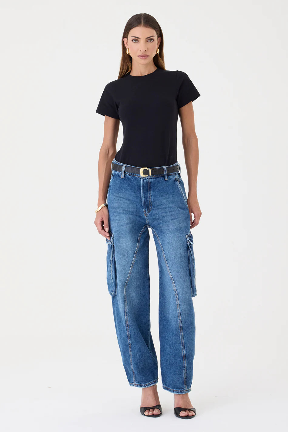CALÇA MANOELA FEMININA BARREL CARGO JEANS ESCURO