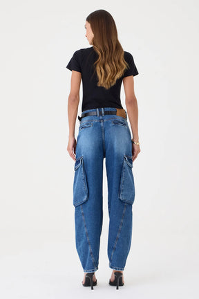 CALÇA MANOELA FEMININA BARREL CARGO JEANS ESCURO