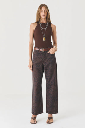 CALÇA MONICA FEMININA BARREL SLIM SARJA TRUE LEOPARD ESCURO