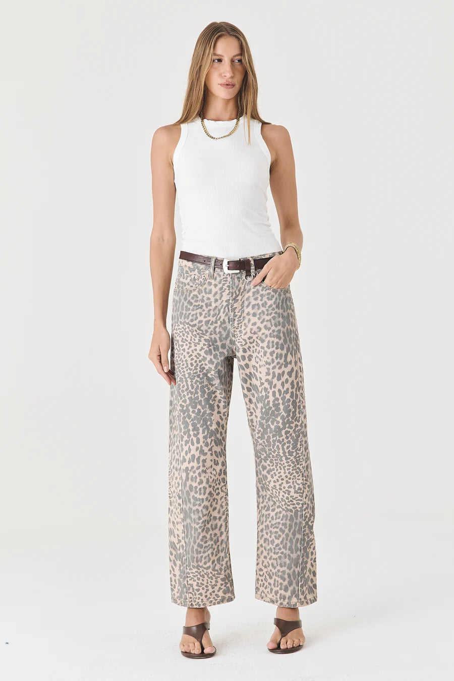 CALÇA MONICA FEMININA BARREL SLIM SARJA TRUE LEOPARD CLARO