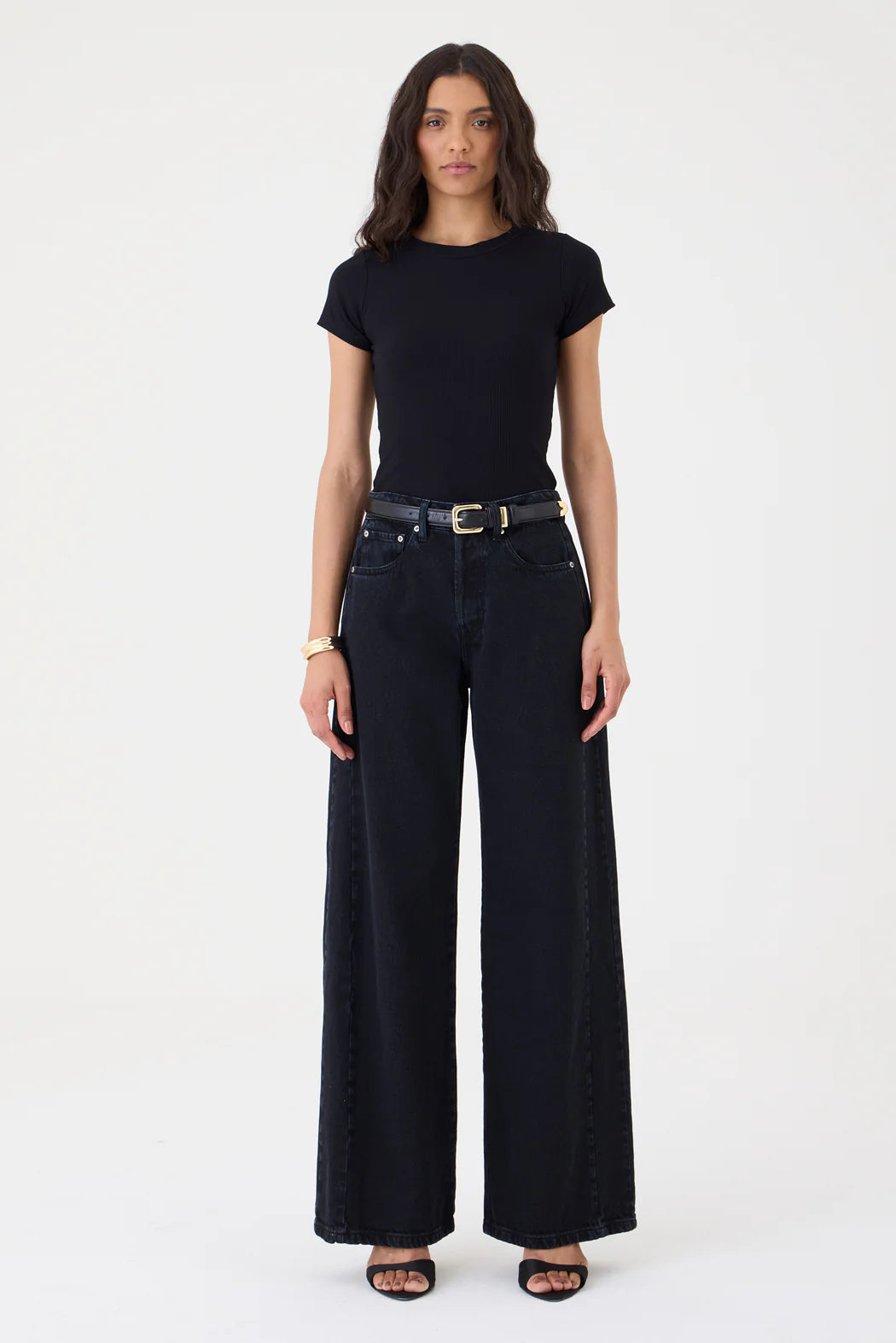 CALÇA YASMIN FEMININA WIDE LEG RECORTES JEANS BLACK