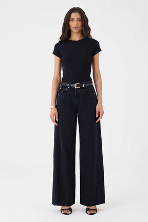 CALÇA YASMIN FEMININA WIDE LEG RECORTES JEANS BLACK