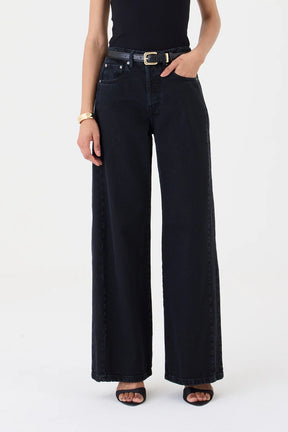 CALÇA YASMIN FEMININA WIDE LEG RECORTES JEANS BLACK