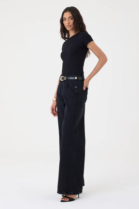 CALÇA YASMIN FEMININA WIDE LEG RECORTES JEANS BLACK