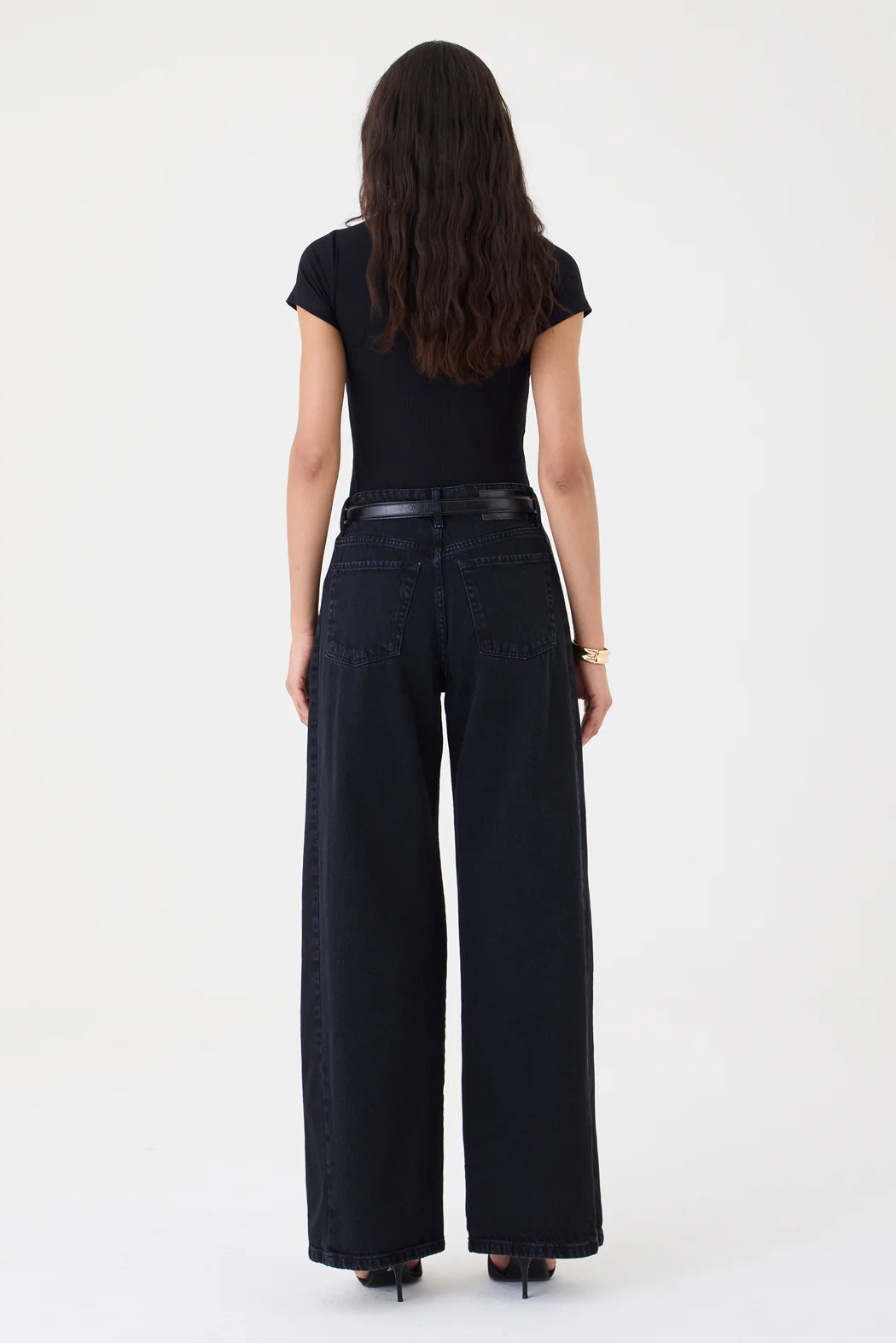 CALÇA YASMIN FEMININA WIDE LEG RECORTES JEANS BLACK