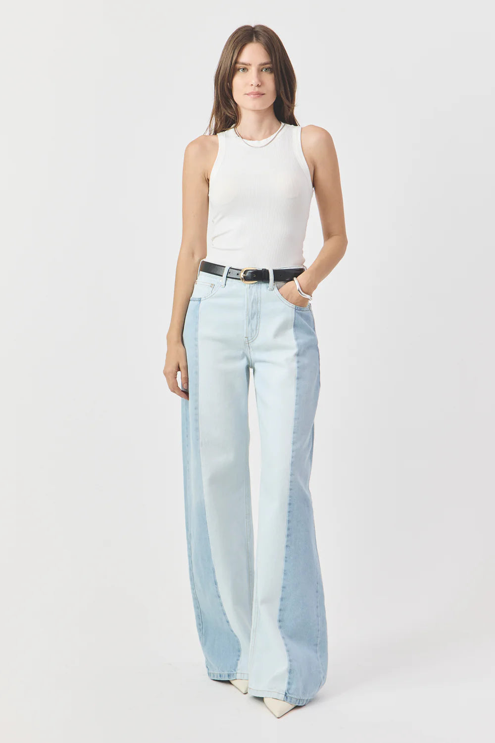 CALÇA PAMELA FEMININA WIDE LEG PATCH JEANS CLARO