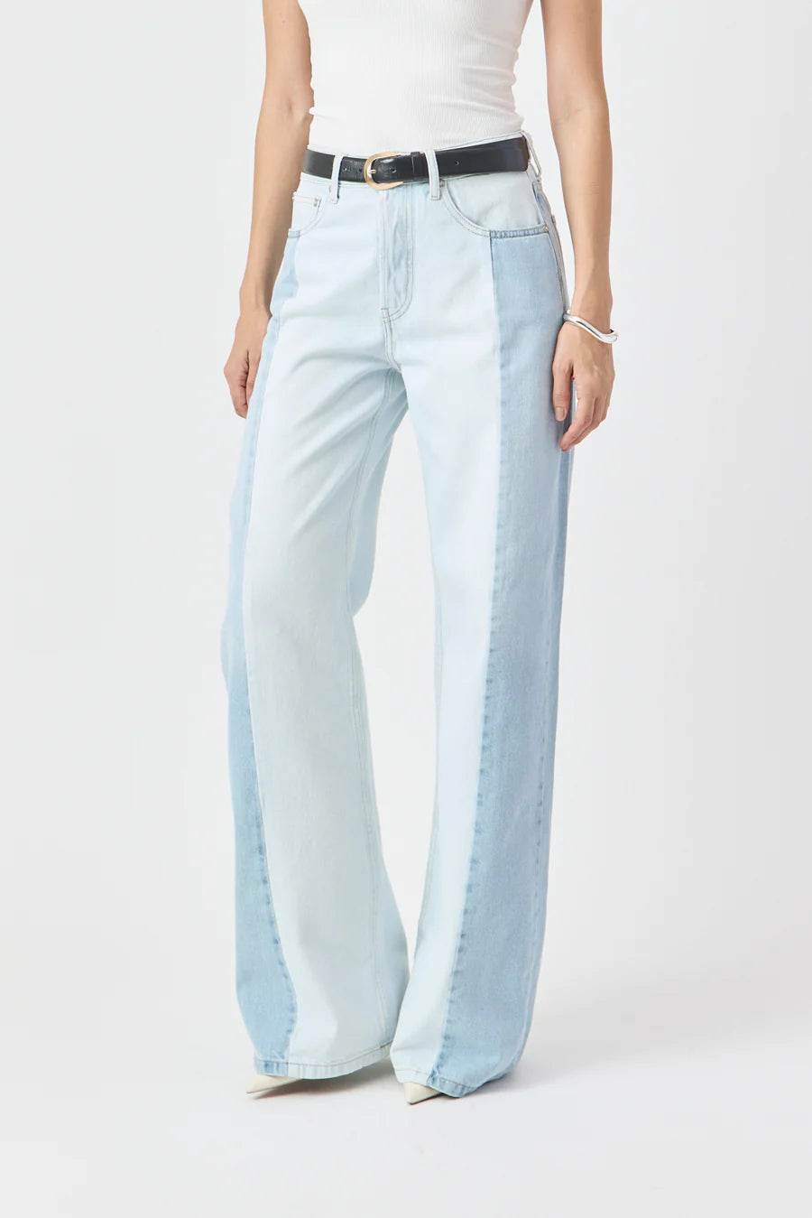 CALÇA PAMELA FEMININA WIDE LEG PATCH JEANS CLARO