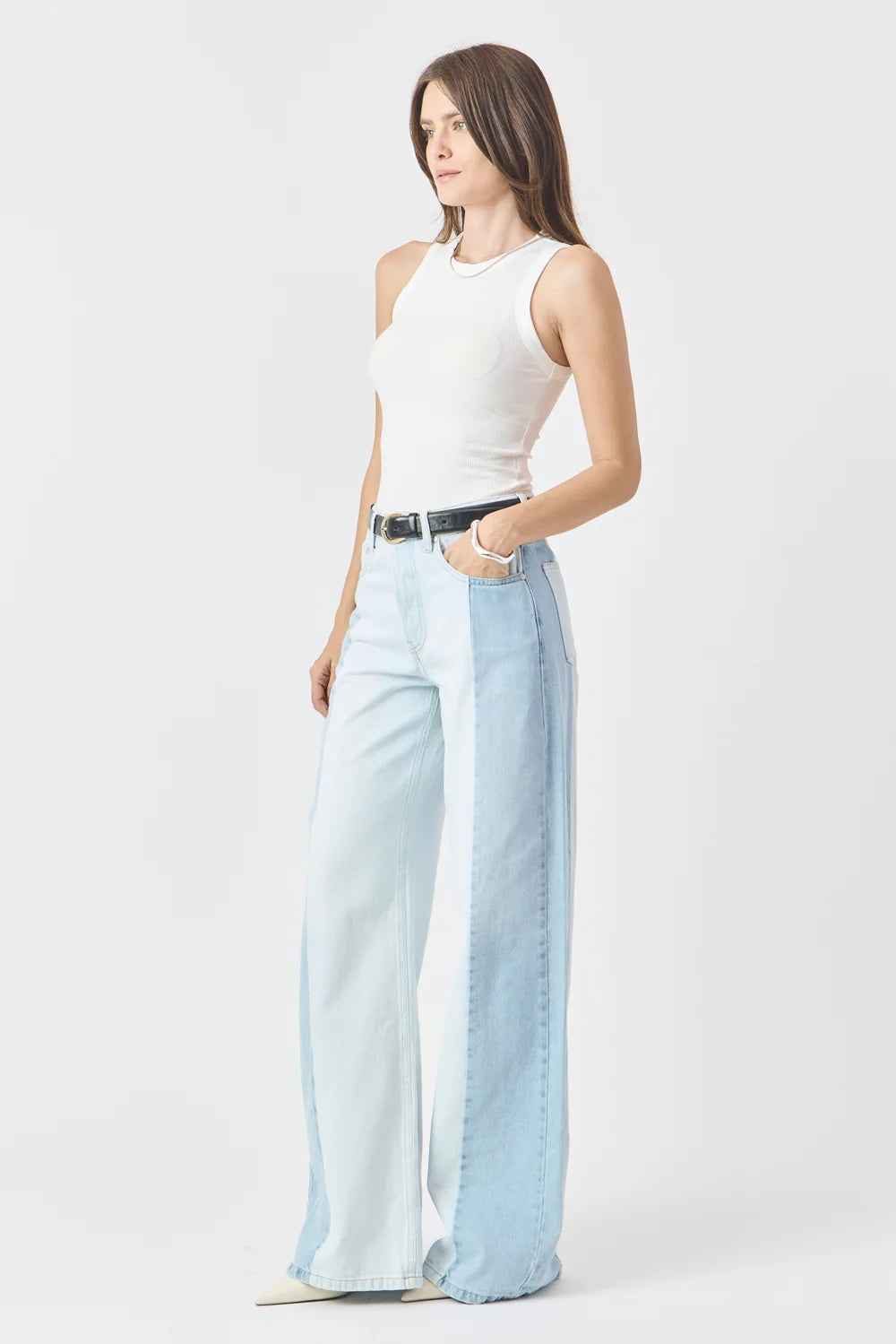 CALÇA PAMELA FEMININA WIDE LEG PATCH JEANS CLARO