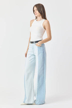 CALÇA PAMELA FEMININA WIDE LEG PATCH JEANS CLARO