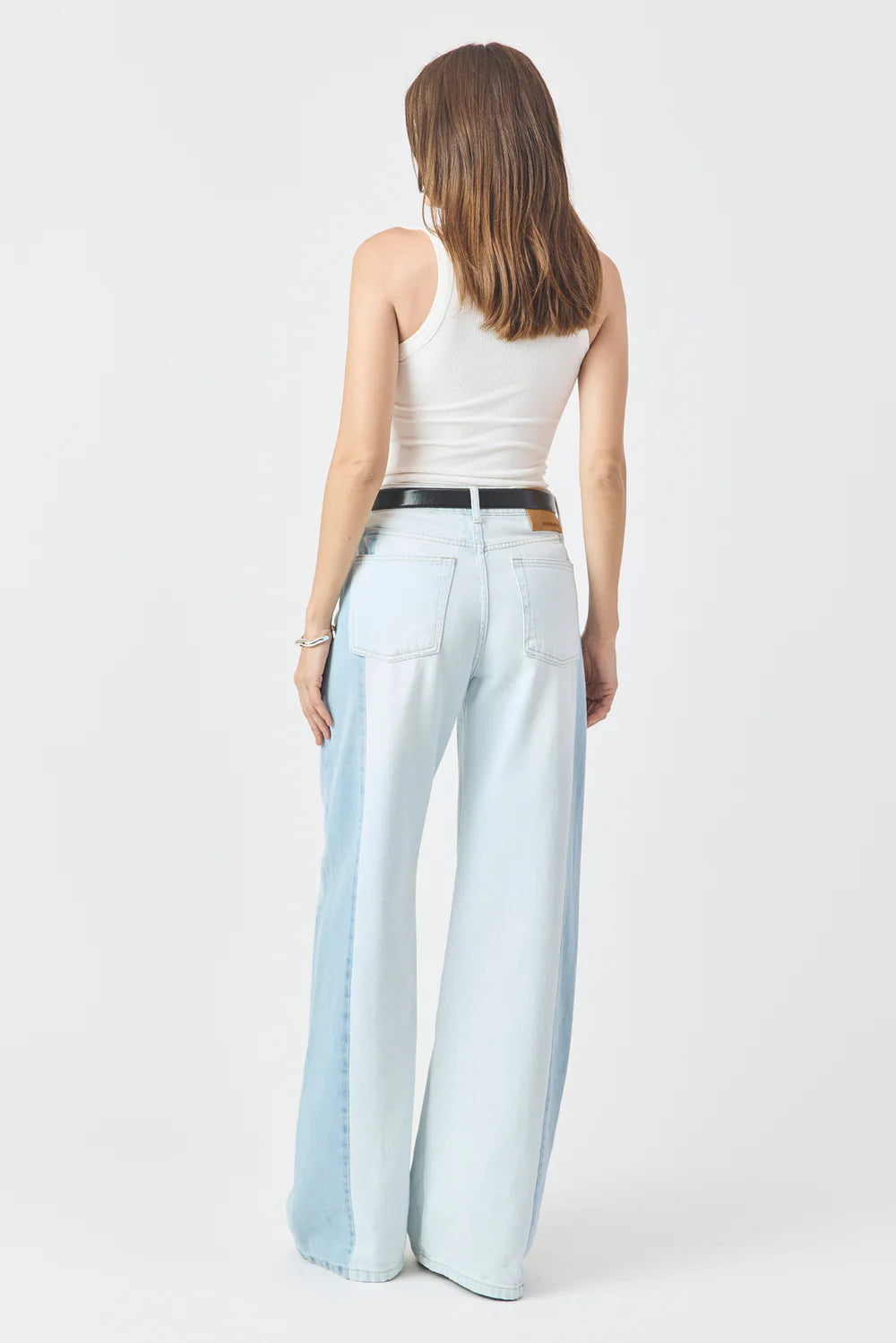 CALÇA PAMELA FEMININA WIDE LEG PATCH JEANS CLARO