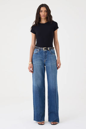 CALÇA MARESSA FEMININA WIDE LEG BARRA FIO JEANS ESCURO