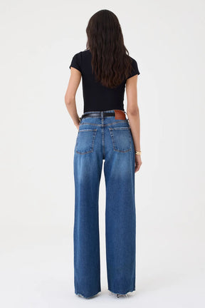 CALÇA MARESSA FEMININA WIDE LEG BARRA FIO JEANS ESCURO